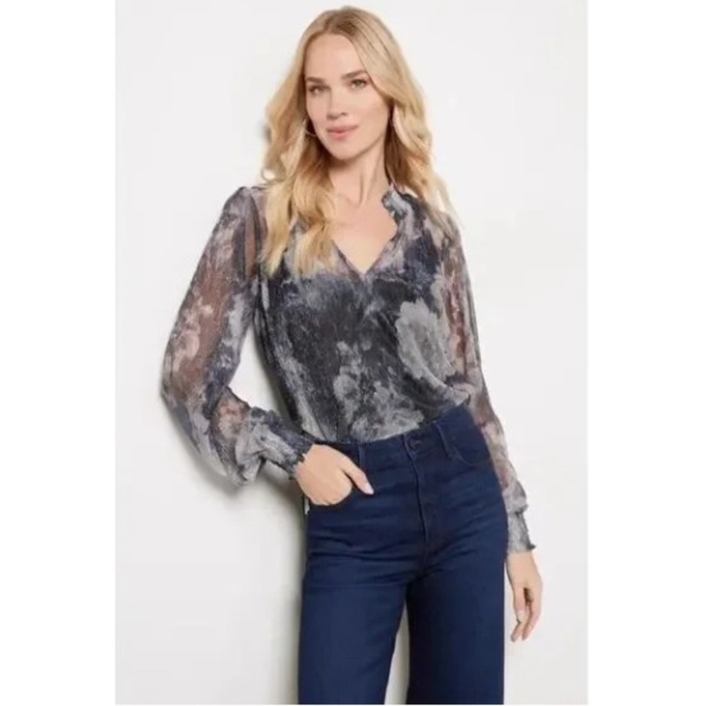 EVEREVE Anna Blouse Black Gray Floral Sheer Metallic Lurex Whimsigoth M‎